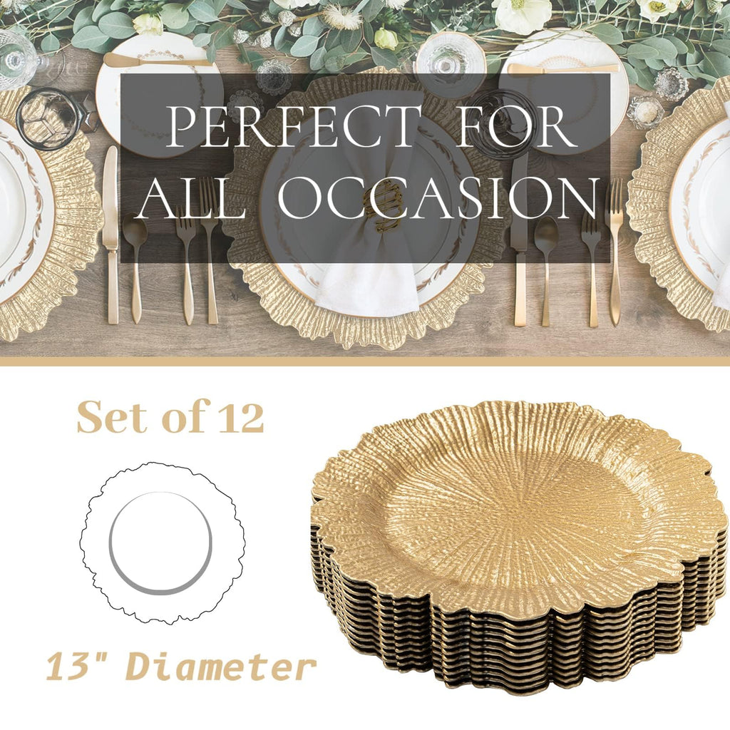 MAONAME Gold Charger Plates Set of 12, Reef Plate Chargers for Dinner Plate, Round Plastic Table Chargers for Thanksgiving, Christmas