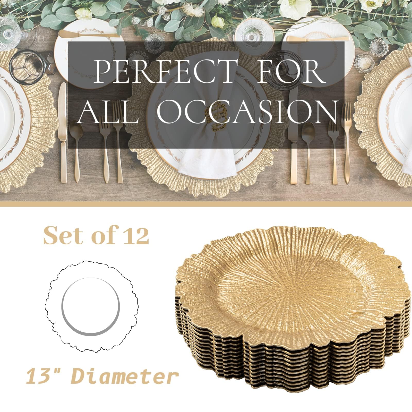MAONAME Gold Charger Plates Set of 12, Reef Plate Chargers for Dinner Plate, Round Plastic Table Chargers for Thanksgiving, Christmas