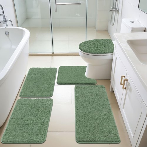 SHACOS Sage Green 5 Pieces Bathroom Rugs Set with Toilet Lid Cover Ultra Soft Absorbent Microfiber Bath Mat U Shape Contour Rug for Bathroom, Non Slip Machine Washable Bath Runner Rugs for Bedroom
