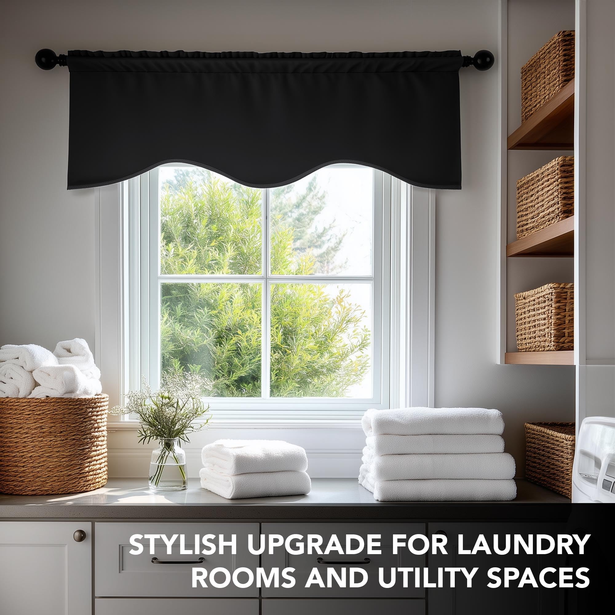 Deconovo Black Valances for Windows, Scalloped Valance for Kitchen Living Room Bedroom Bathroom, Short Curtain, Black Out Small Drape, Rod Pocket, Machine Washable, 52x18 Inch, 1 Panel