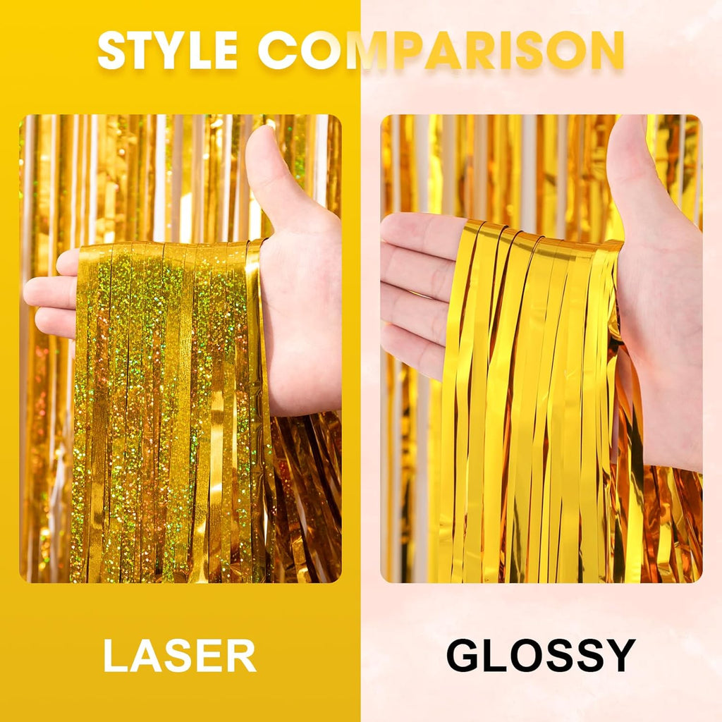 Voircoloria Laser Gold Foil Fringe Backdrop Curtains - 3 Pack Tinsel Streamers for Parties | 3.3 x 8.2 ft