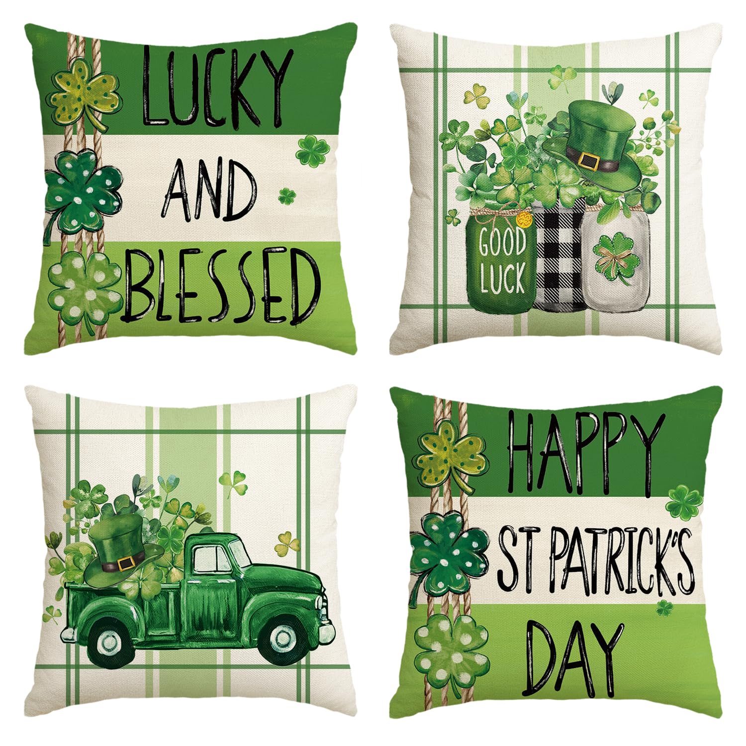 AVOIN colorlife Happy St Patricks Day Clovers Vases Throw Pillow Covers, 18 x 18 Inch Lucky and Blessed Shamrock Truck Decoration for Sofa Couch Set of 4