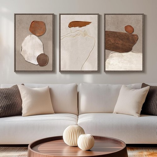 Framed Neutral Abstract Wall Art by [Brand Name] - 3-Piece Earth Tones Canvas Prints for Living Room | 16x24 Inch