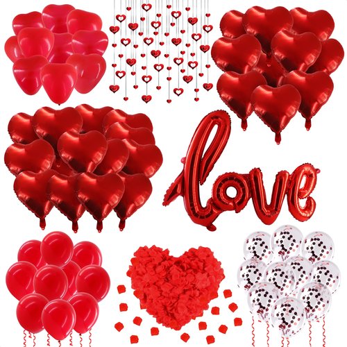 Romantic Balloon Decoration Kit with 42" LOVE Letters & Heart Balloons - Proposal, Engagement, Wedding & Anniversary Room Decoration Set with Hanging Hearts & Rose Petals - Complete Romantic Setup
