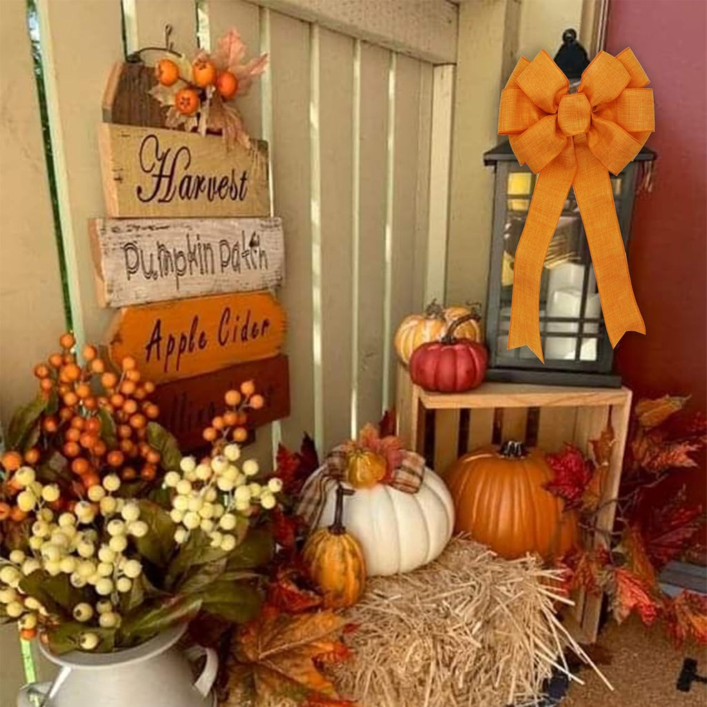 Autumn Wreath Bow - Orange Decorative Bow for Fall Harvest & Thanksgiving Decor | 10"x22"