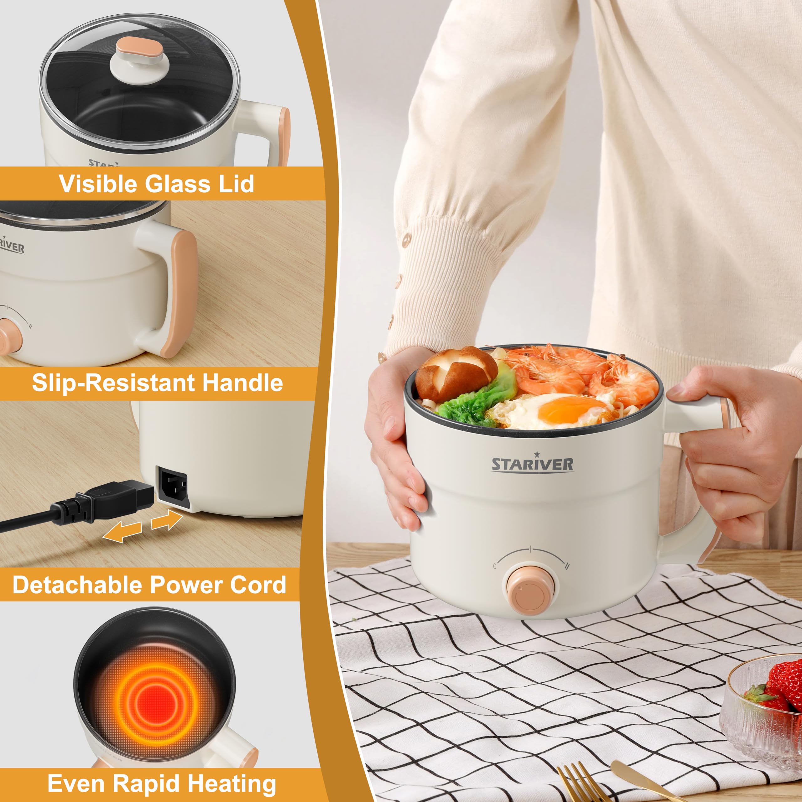 Stariver 1.5L Electric Hot Pot - Mini Portable Electric Pot, Non-Stick Noodle Cooker for Ramen, Soup, Pasta, Egg, Oatmeal - Overheat & Boil-Dry Protection - Ideal for Dorm, Office, Travel Gift