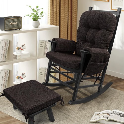 SINOSSO Glider Rocker Cushion Set (5 Pcs), Soft Blended Fabric High-Density Support Foam Seat Cushions with Ties, Fits Rocking Chair/Nursery Glider & Ottoman, Dark Brown