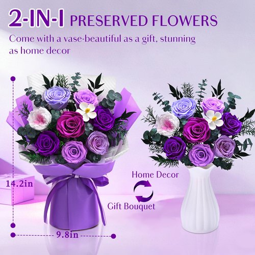 Forever Rose Flowers for Delivery, 8-Piece Preserved Roses Bouquet Birthday Gifts for Women, Long Lasting Purple Roses with Gift Box for Mom, Forever Flowers with Vase for Her Wife Girlfriend