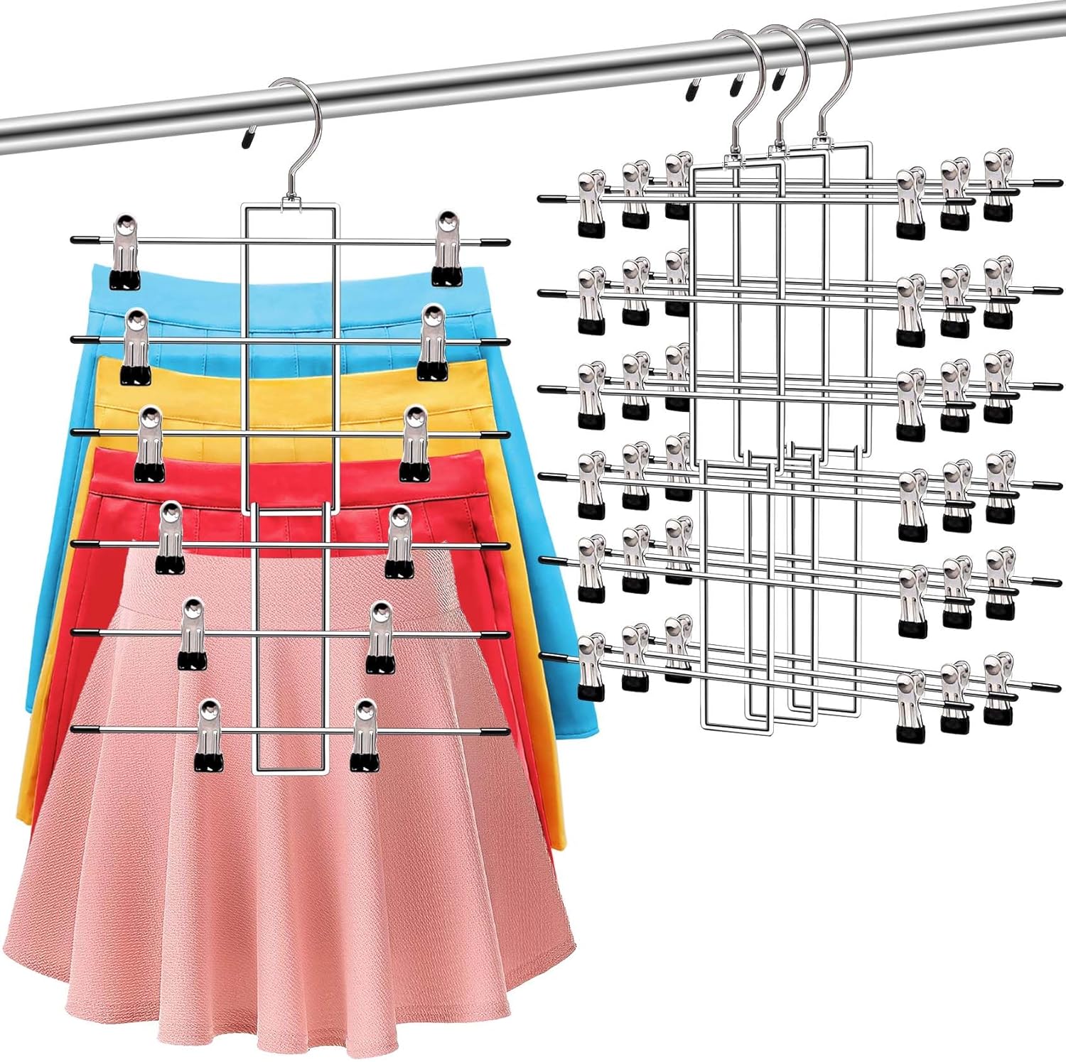 Skiennix 3-Pack Pants Hangers - Space-Saving 6-Tier Closet Organizers with Clips | Essential Storage for Jeans & Scarves