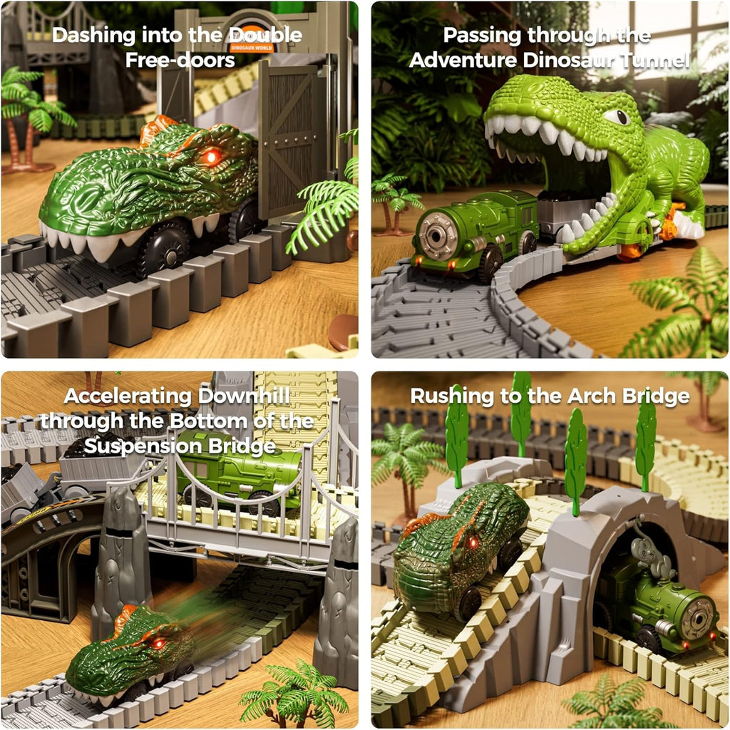 TUMAMA Dinosaur Train Set - 281 Pcs Flexible Race Track with 4 Dinosaur Figures & 2 Electric Cars for Kids 3-7