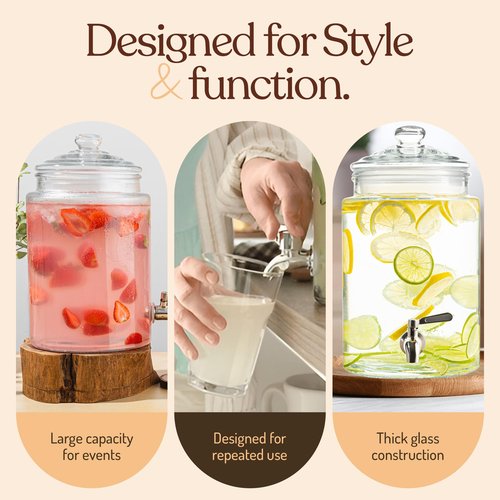 Large Glass Drink Dispenser with Spout – 1.5 Gallon Tall Mason Jar Style Beverage Server with Airtight Lid & Metal Spigot for Water, Tea, Juice, Punch, or Cocktails