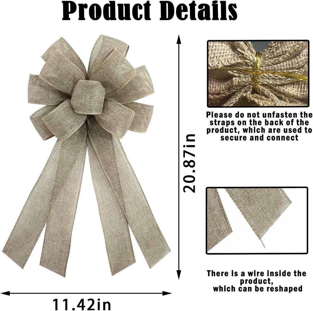 Natural Burlap Wreath Bow by Christmas | 20 x 11 Inches | Holiday Khaki Ribbon for Front Door Decor