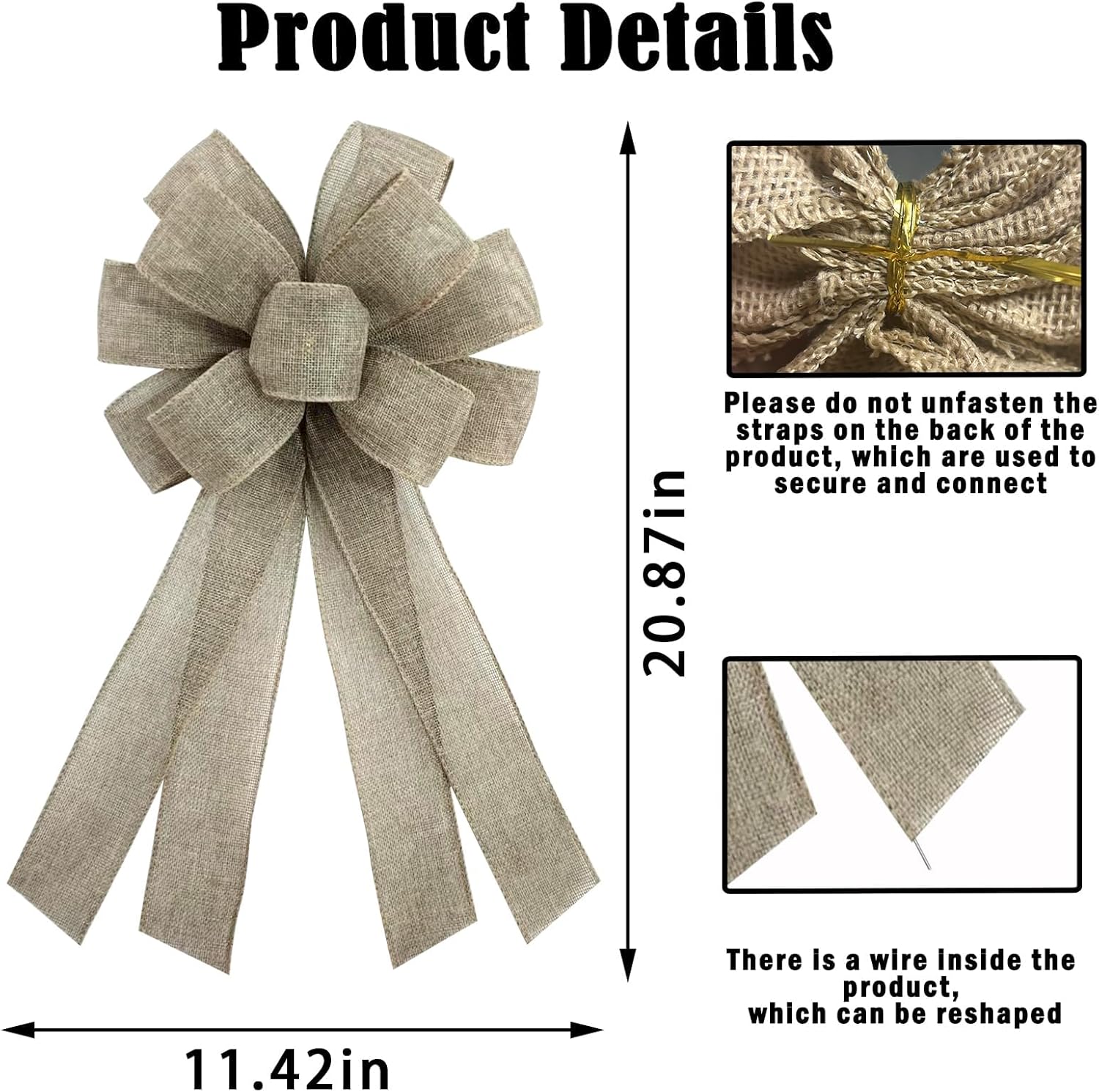 Natural Burlap Wreath Bow by Christmas | 20 x 11 Inches | Holiday Khaki Ribbon for Front Door Decor