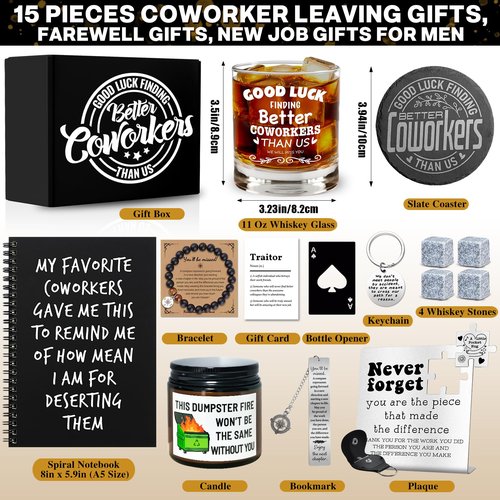 15 Pcs Coworker Leaving Gifts, Farewell Gifts, Going Away Gift with 11 Oz Whiskey Glass 4 Whiskey Stones Coaster Plaque Notebook Candle Bracelet, New Job, Good Luck Gift for Coworker Boss Friends Men