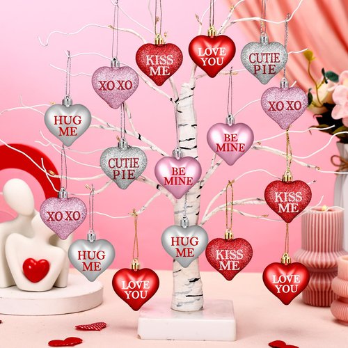 60 Pcs Valentine's Day Heart Hanging Ornaments Red Pink Sliver Glitter Tree Hanging Decorations Valentine Baubles Romantic Love XOXO Hug Me Tree Padent for Wedding Anniversary Decorations, 6 Styles