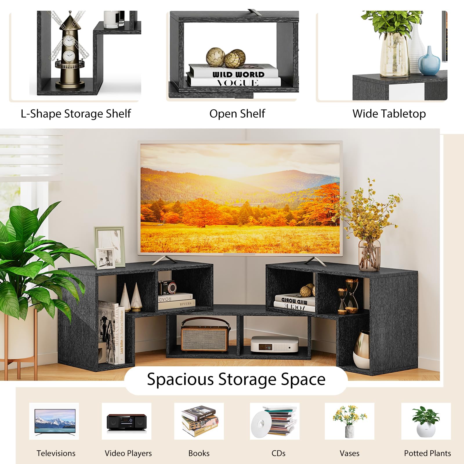 Tangkula 3 Pieces Console TV Stand, Free-Combination Entertainment Center for 50 55 60 65 Inch TV, Minimalist Modern TV Table Media Stand, DIY Open Storage Bookcase for Living Room (Black Wood Grain)