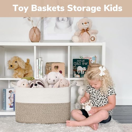 Goodpick Woven Storage Baskets - 18" x 14" x 12" Rectangle Toy Organizer for Living Room & Kids | White & Brown