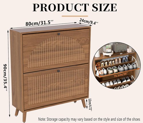 Fsbecl Shoe Storage Cabinet - Narrow Wood Organizer with 2 Flip Drawers | Fluted Panel Design in Walnut