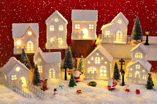 Fovths Christmas Village Set - 35 Lighted LED Houses with Mini Figurines & Fake Snow | Winter Decor