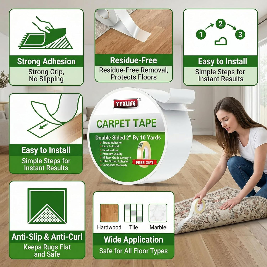 YYXLIFE Double-Sided Rug Tape | Strong Adhesive for Hardwood Floors - Non-Slip, No Residue, 2" x 10 Yards, White