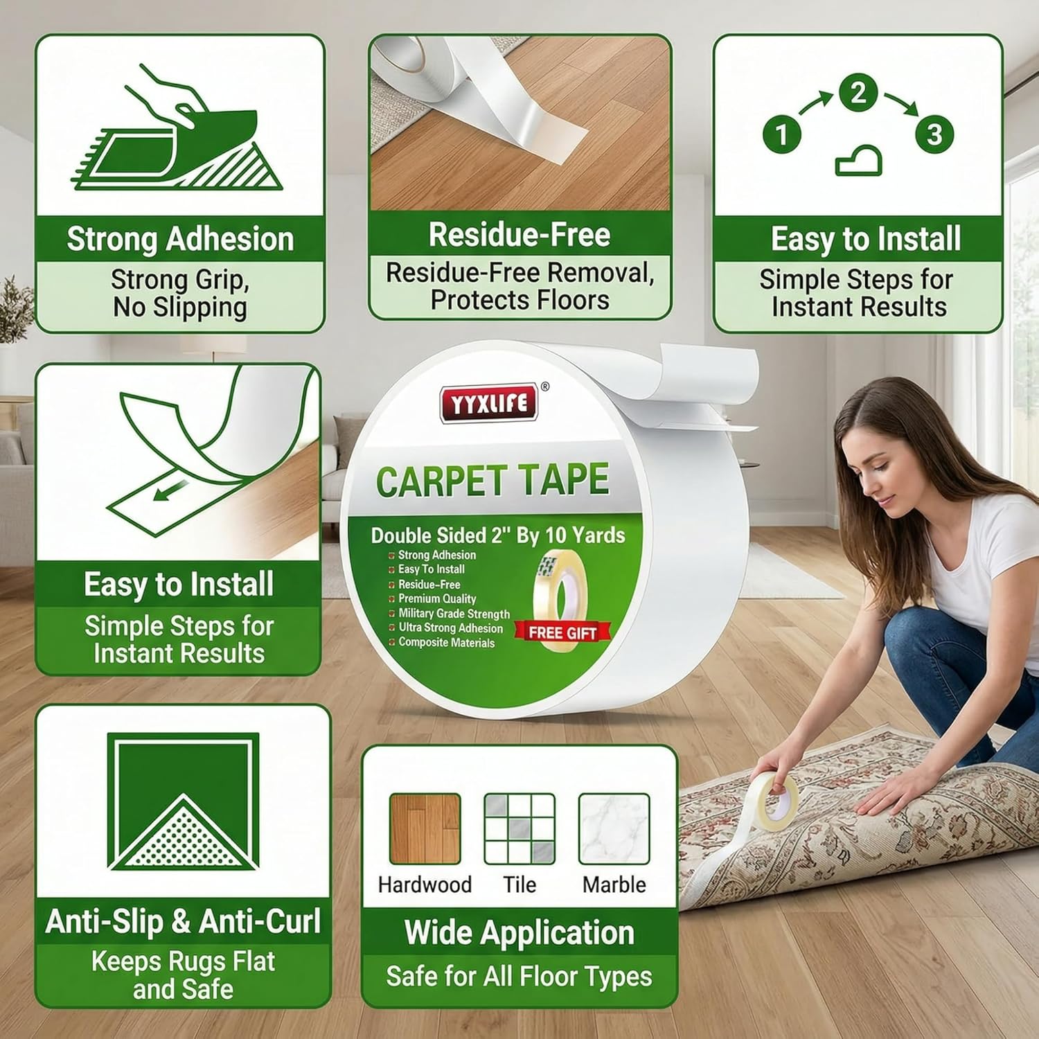 YYXLIFE Double-Sided Rug Tape | Strong Adhesive for Hardwood Floors - Non-Slip, No Residue, 2" x 10 Yards, White