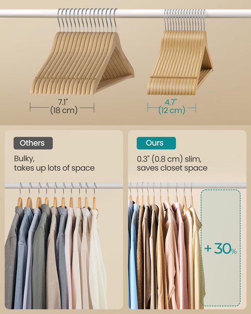 SONGMICS Wooden Hangers, Pack of 30, Coat Hangers, Pants Bar, 360° Swivel Hooks, Solid Birch Wood, Space Saving, for Jackets, Shirts, Coats, Natural Beige UCRW030K01