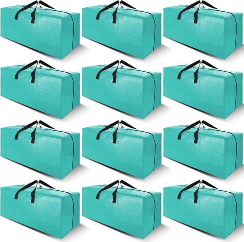 Cosy Family Extra Large Moving Bags - 12 Pack with Backpack Straps, Strong Handles & Zippers | Space-Saving Storage Totes in Aquamarine