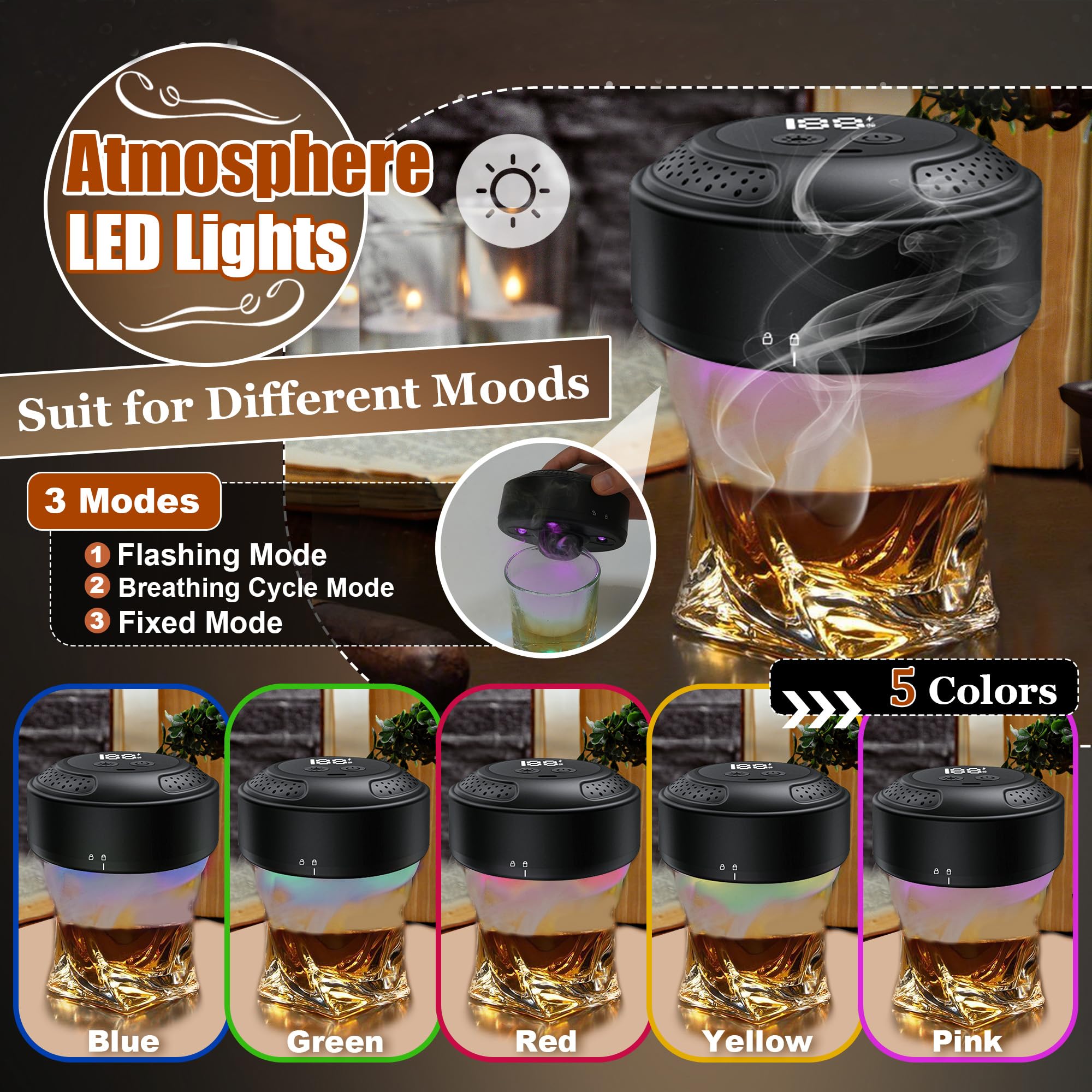 Electric Whiskey Smoker Kit With Light Modes, No Butane Needed, Rechargeable Cocktail Smoker Kit with LED Display & 6 Wood Chips, Old Fashioned Smoker Kit Bourbon Gifts for Men Dad Him
