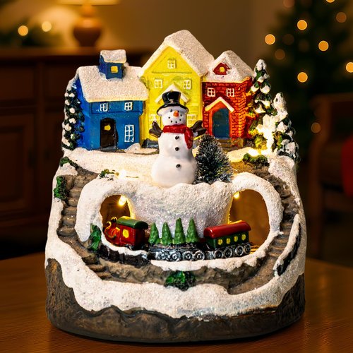 ZQQLITE Animated Musical Christmas Snowman Village Houses with Rotating Train, Lighted Christmas Village Collection Figurines for Home Tabletop Decorations Ornaments Gifts