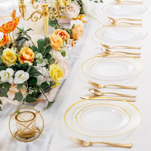 I00000 102 Pcs Clear Gold Plastic Plates - Disposable Party Plates, Gold Disposable Include 51 Dinner Plates and 51 Dessert Plates, Plastic Plates for Party, Holiday, Wedding & Birthday