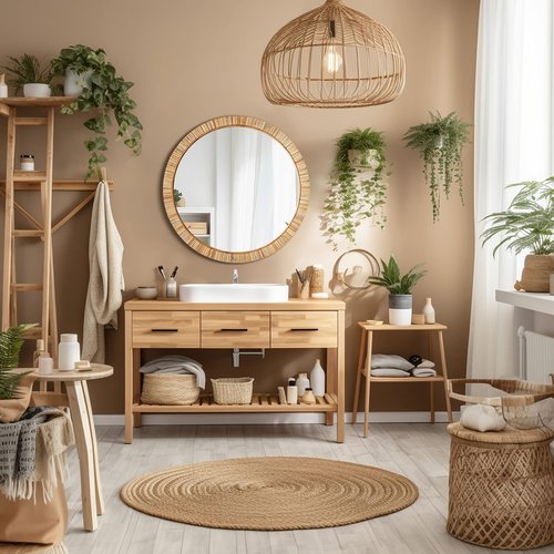Barnyard Designs Round Rattan Wall Mirror, Natural Tan Woven Rattan Frame, Indoor Decorative Mirror for Bedroom Living Room Entryway (25.5", Round)