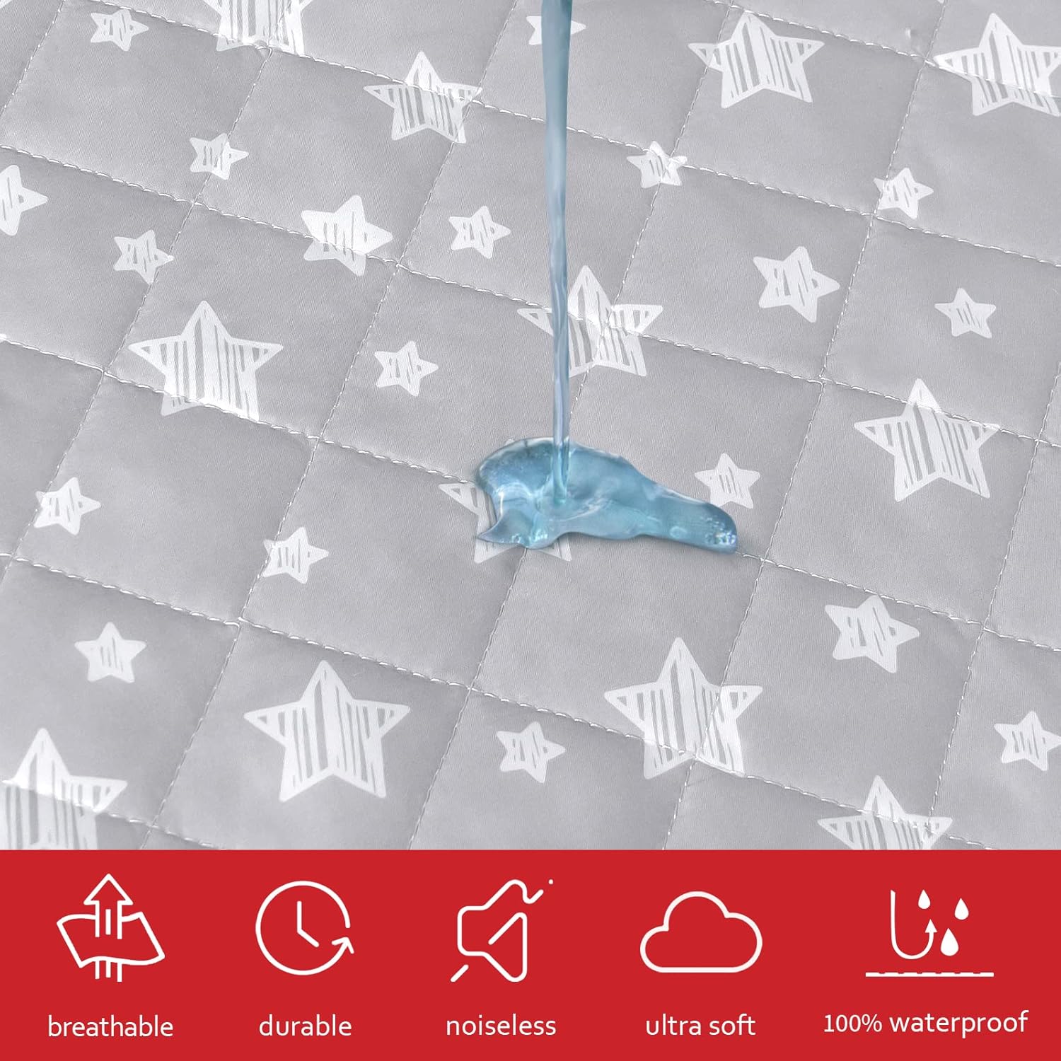 Skiennix Crib Mattress Protector - Waterproof Quilted Pad Cover | Extra Soft & Breathable, 52" x 28", Grey Star