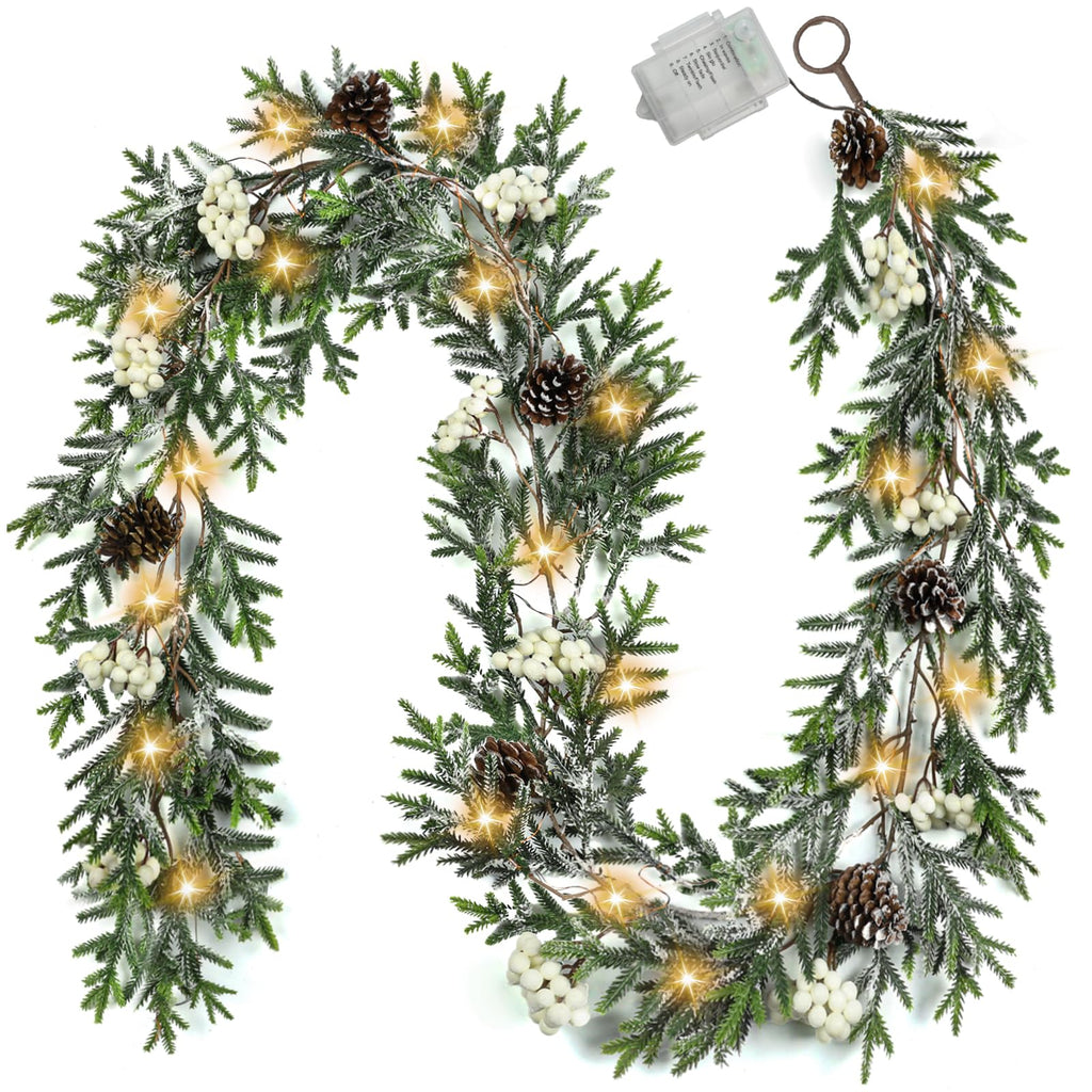 6FT Christmas Garland with Lights, Christmas Decorations Indoor Outdoor Pre-lit Artificial Pine Garland with Battery Operated Timer, Home Holiday Decor Flocked Garland for Mantel Window Stairs Wall