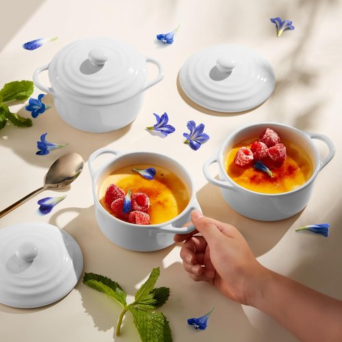 Kook Mini Cocotte Set - Small Ceramic Casserole Dishes with Lids | Oven & Microwave Safe, 12 oz, Set of 4 (Swiss White)