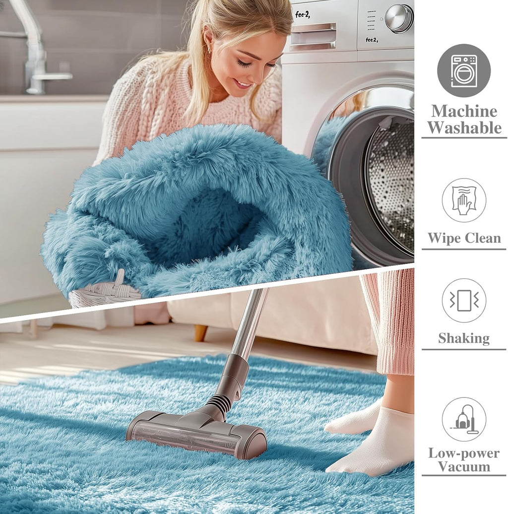 OLANLY Runner Rugs - Machine Washable Soft Fluffy Shaggy Design | Slate Blue for Bedroom & Hallway