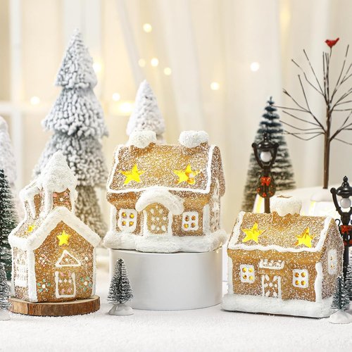 GlikCeil LED Christmas Gingerbread Village Set - 17 Pieces with Ceramic Houses, Birch Trees & Pine Trees