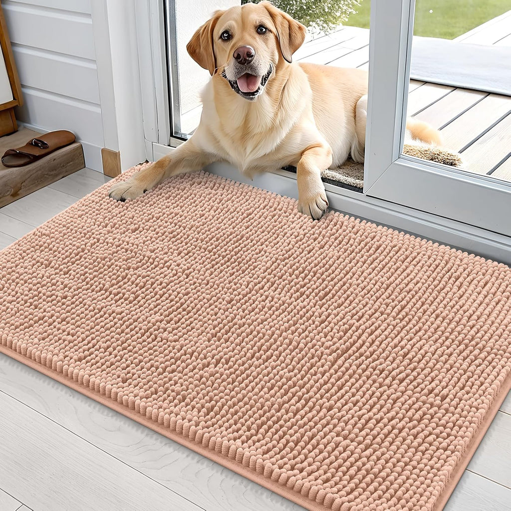 OLANLY Dog Door Mat - Absorbent Non-Slip Washable Doormat for Muddy Paws | 36x24 Peach Chenille Carpet
