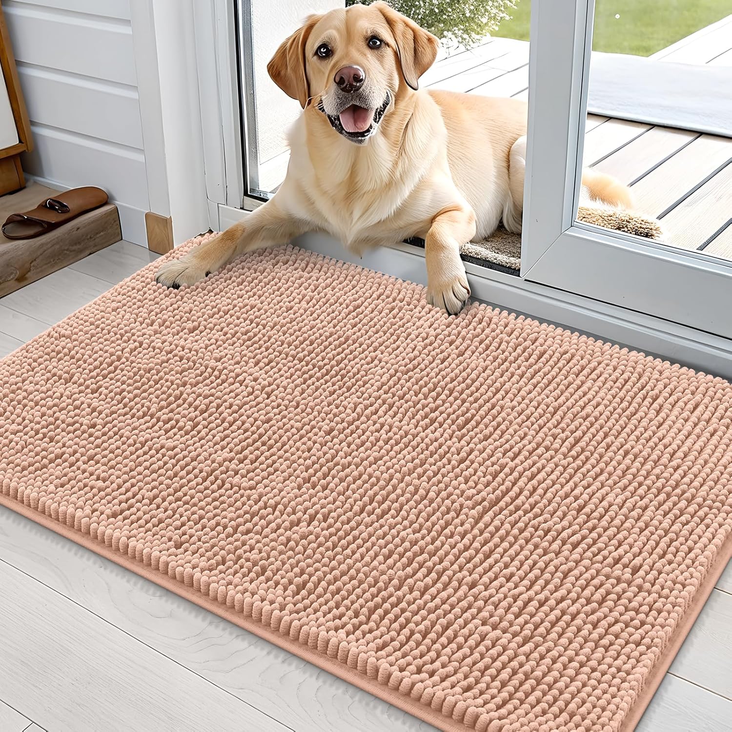 OLANLY Dog Door Mat - Absorbent Non-Slip Washable Doormat for Muddy Paws | 36x24 Peach Chenille Carpet