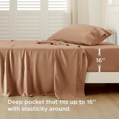 Bedsure Cooling Twin XL Sheets - Breathable Rayon from Bamboo | Soft, Deep Pocket Up to 16 Inches, Khaki
