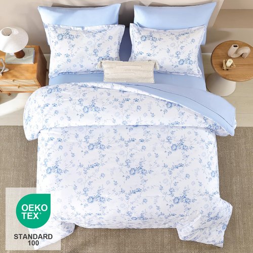 Luxudecor Floral Queen Comforter Set 7 Pieces Bed in a Bag, Blue Rose Romantic Flower Bed Set, Soft Reversible Comforter with Sheet Set 90"x90"