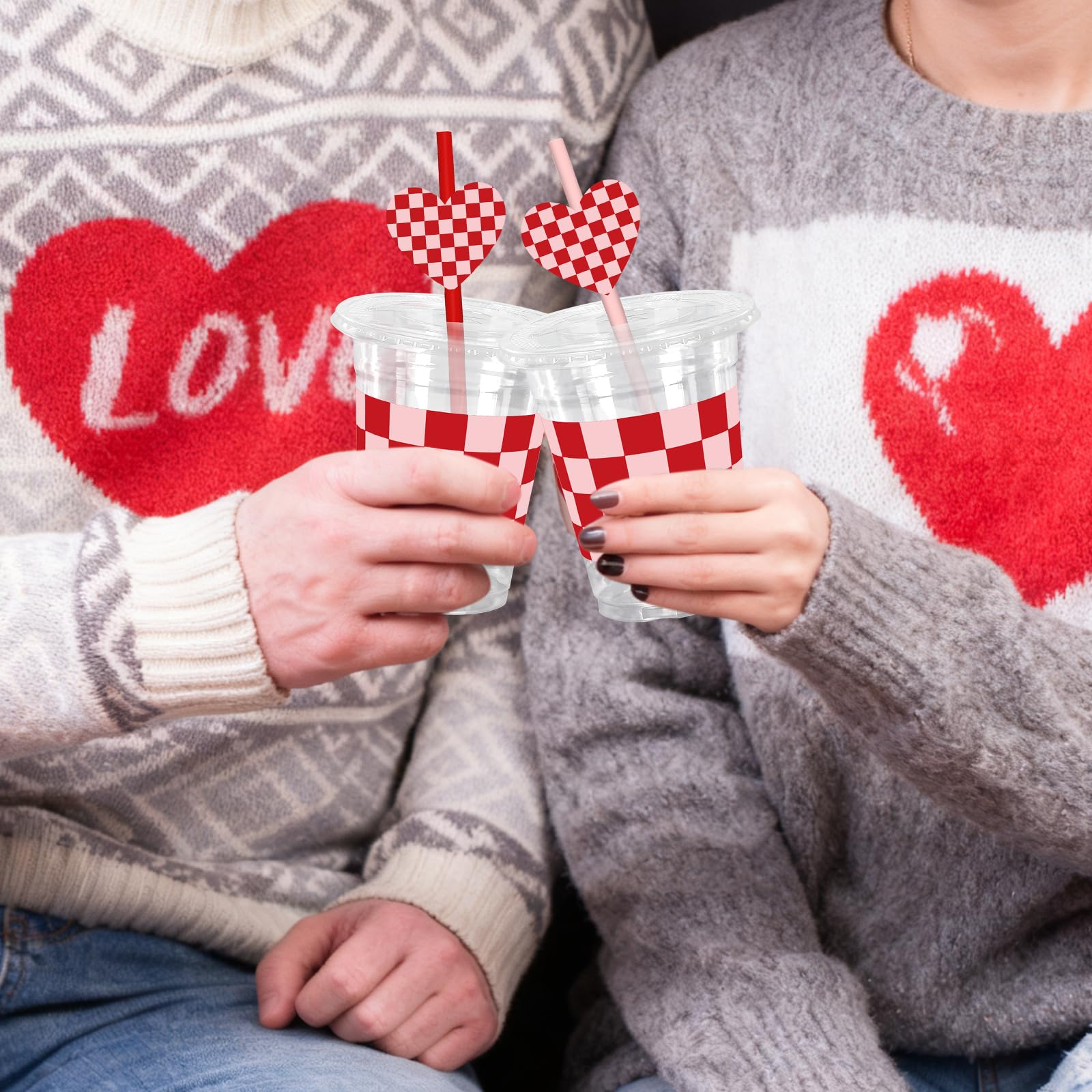 JarThenaAMCS 50Pcs Valentine's Day Plastic Cups with Lids Straws Drinking Cup 12oz Pink Red Checkered Heart Disposable Cups for Wedding Anniversary Valentine Party