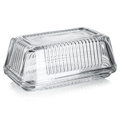 Clear Glass Butter Dish with Lid for Countertop, 6.5" Crystal Butter Dish with Cover, Covered Butter Tray for Refrigerator