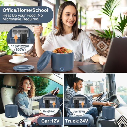 Herrfilk Electric Lunch Box Food Heater, 1.2L/41oz Heated Lunch Boxes for Adults, 12V/24V/110V Portable Food Warmer for Car/Truck/Office With Fork Spoon and Insulated Carry Bag（Blue）