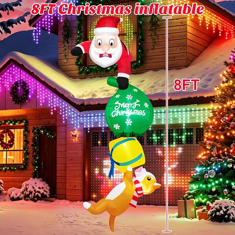8 ft Hanging Santa Inflatable with Gift & Dog - Built-in LEDs, Outdoor Xmas Decor (Variation: 8ft-hanging Santa)