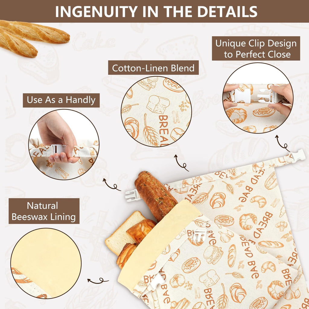 Skiennix Reusable Beeswax Bread Bags - Eco-Friendly Food Storage for Sourdough | 2 Pack, Large Capacity