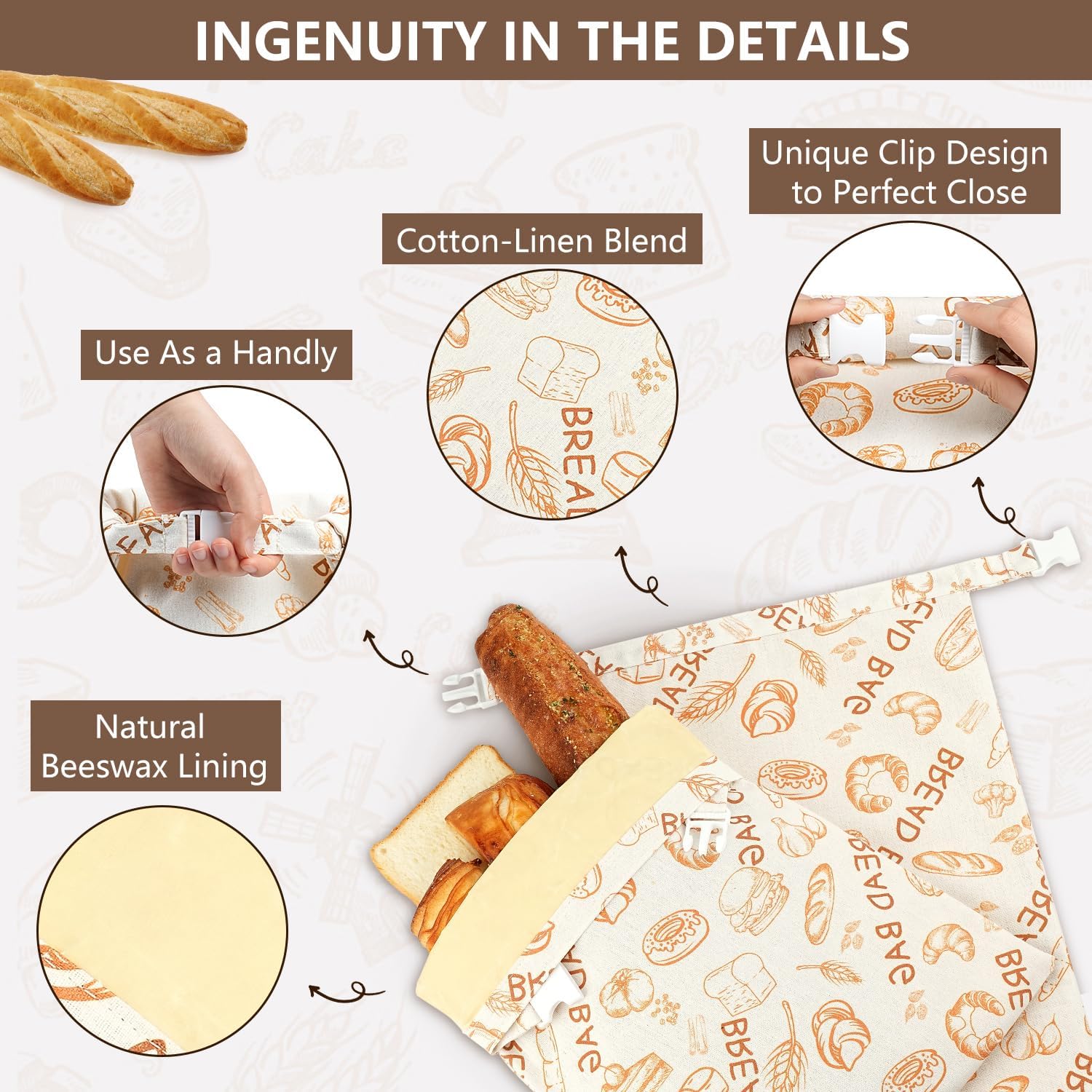 Skiennix Reusable Beeswax Bread Bags - Eco-Friendly Food Storage for Sourdough | 2 Pack, Large Capacity