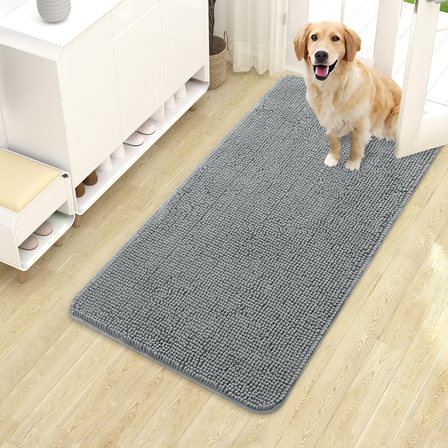 OLANLY Dog Door Mat - Absorbent Non-Slip Chenille Mat for Muddy Paws | 40x24 Inches, Grey