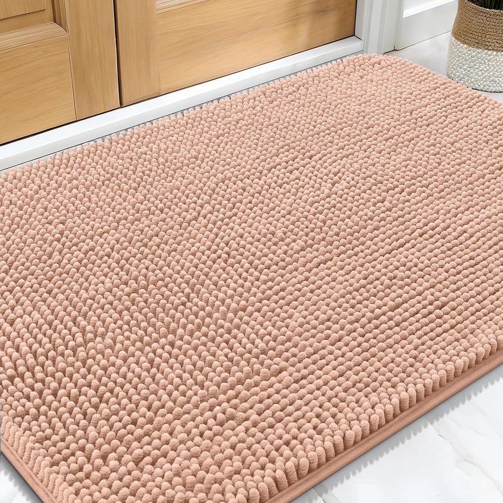 OLANLY Dog Door Mat - Absorbent Non-Slip Chenille Mat for Muddy Paws | 32x20, Quick Dry, Peach