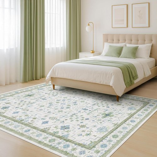 Hazo Haus Cream Oushak 6x9 Area Rug - Boho Floral Design in Cool Blue & Green, Washable Non-Slip Low Pile