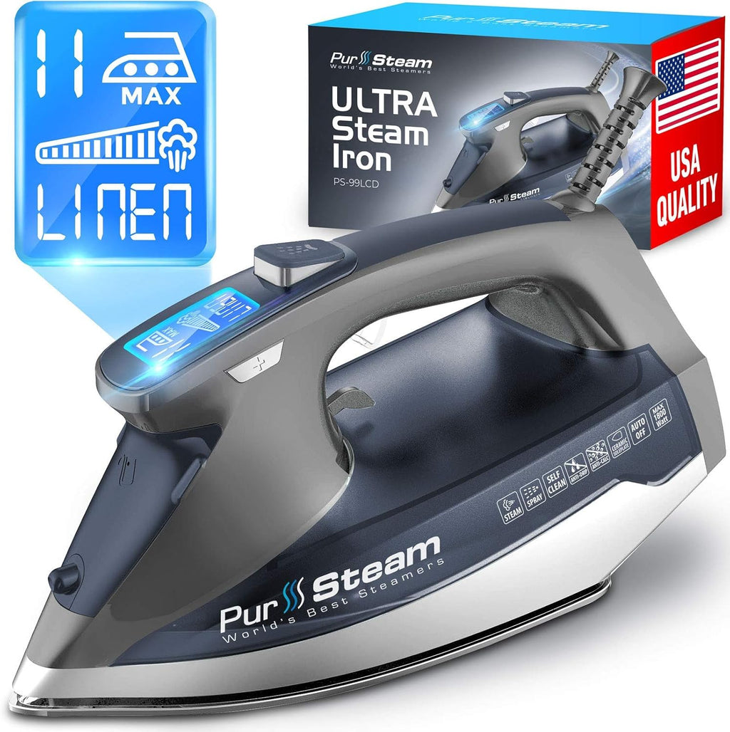 Pursteam Steam Iron - 1800W LCD Screen, Nonstick Ceramic Soleplate, Auto Shutoff & Self-Cleaning